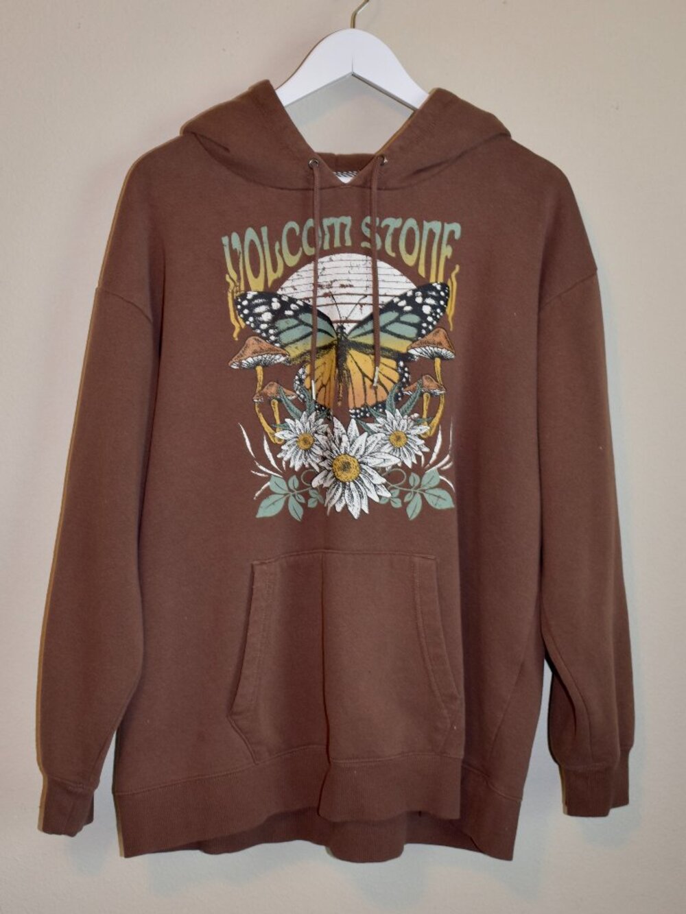 Volcom Brown Butterfly Mushroom Floral Graphic Hoodie XL